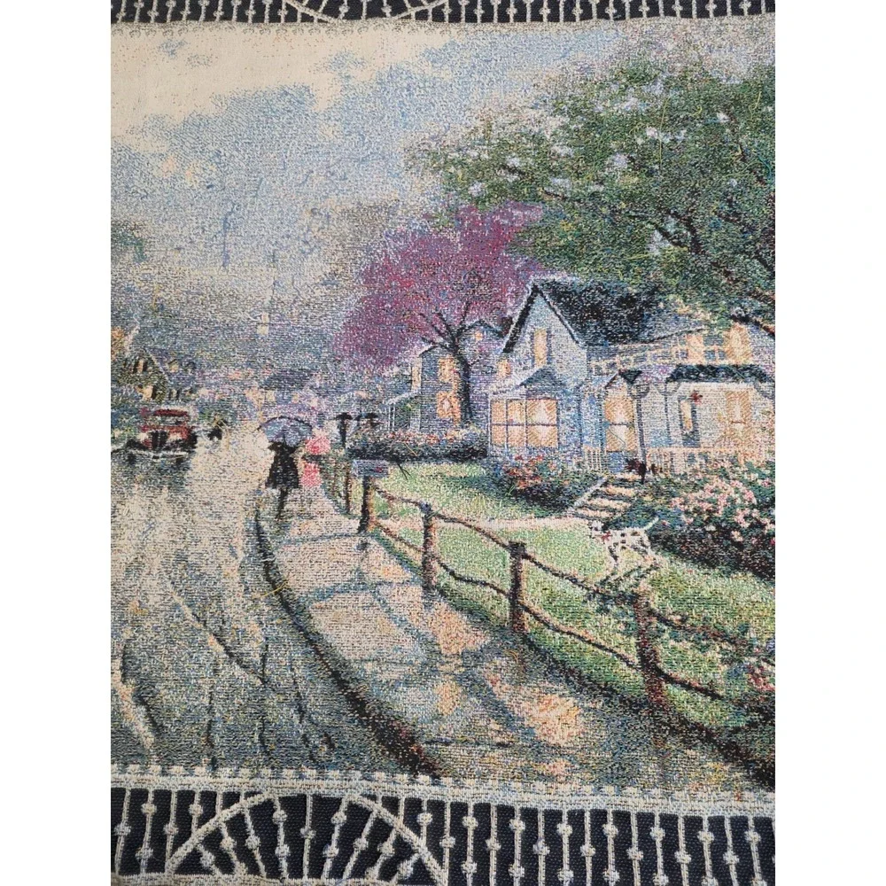 Thomas Kinkade Woven Tapestry Throw Blanket Rainy Neighborhood